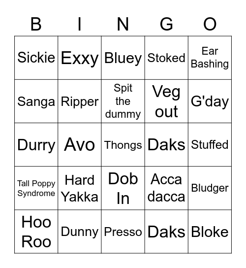 AMCSA Aussie Slang Bingo Card