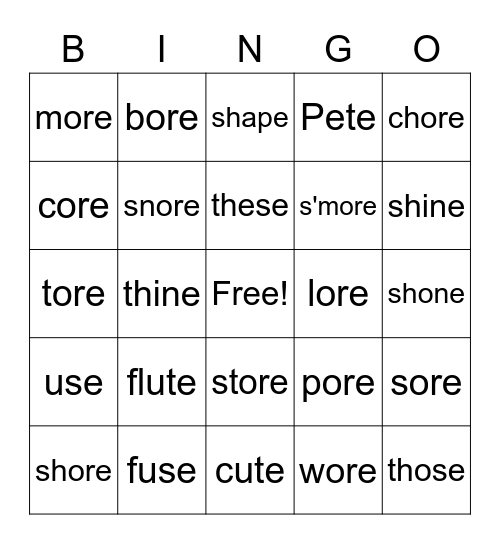 Silent E Bingo 2 Bingo Card