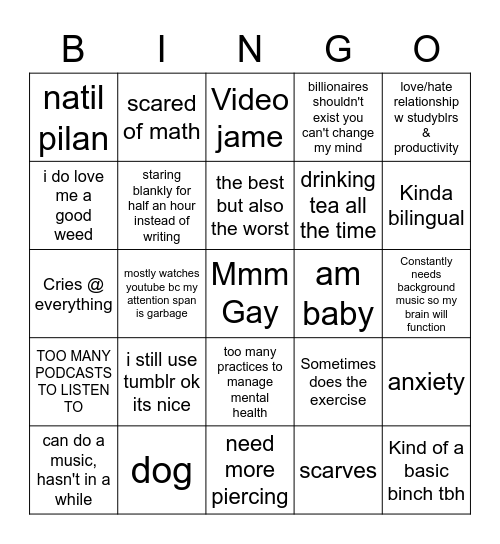 Natalie Bingo Card