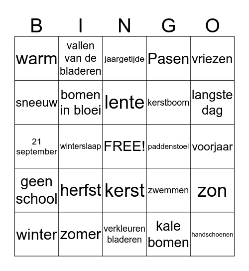 Bingo seizoenen Bingo Card