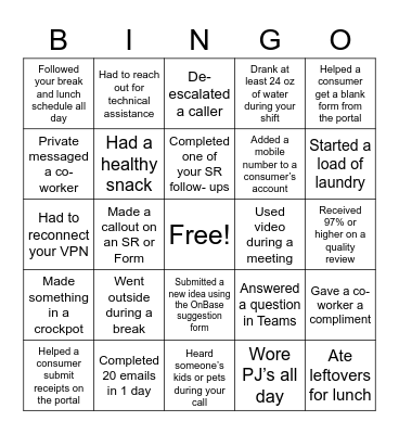 Working From Home Bingo Card