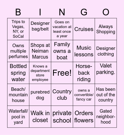 Rich Kid Bingo Card