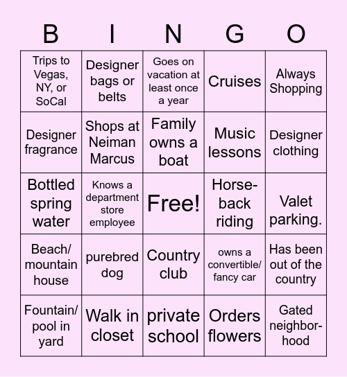 Rich KidBingo Card