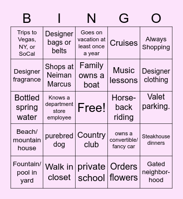 Rich Kid Bingo Card