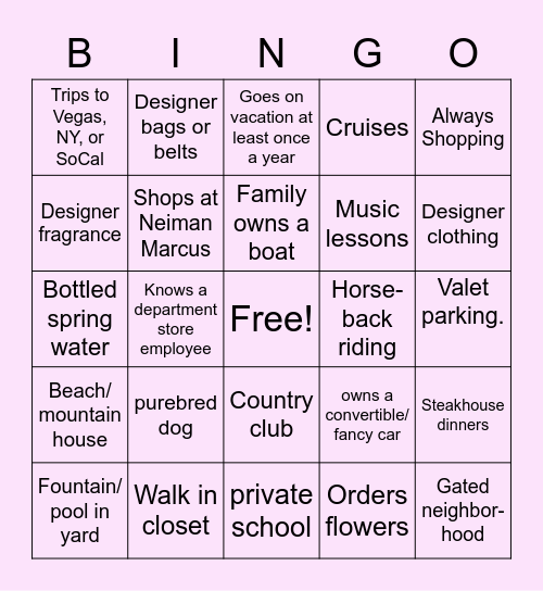 Rich Kid Bingo Card