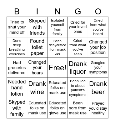 Covid Essential Worker Bingo Card