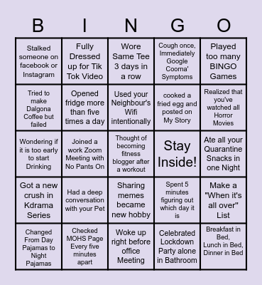 Stay At Home Bingo Card