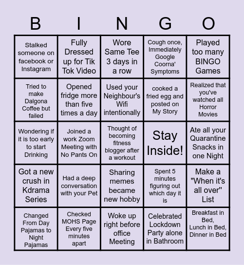 Stay At Home Bingo Card