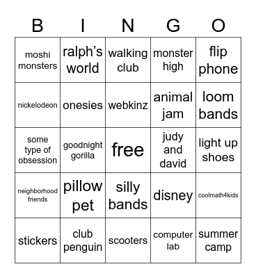 childhood bingo Card