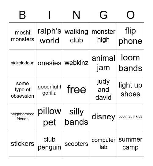 childhood bingo Card