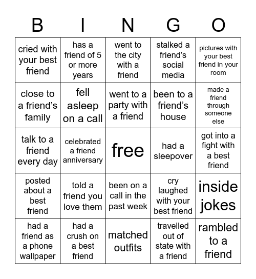friendship bingo Card