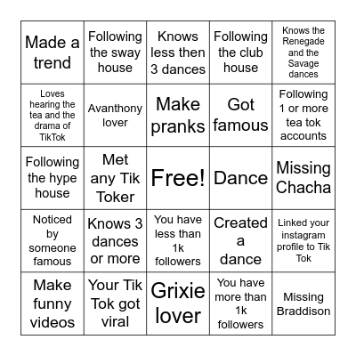 TIK TOK BINGO Card