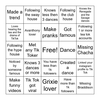 TIK TOK BINGO Card