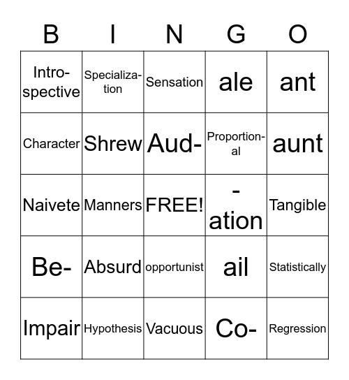 Vocabulary Bingo Card