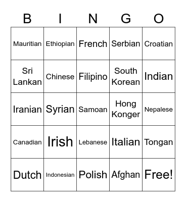 Immigrant Groups Bingo Card