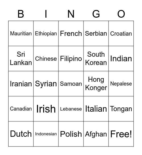 Immigrant Groups Bingo Card