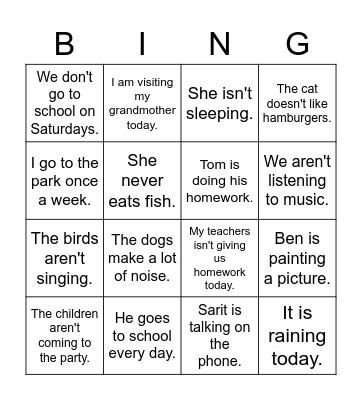 Present Simple and Progressive Bingo Card