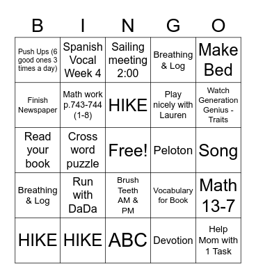 Tuesday Bingo Card