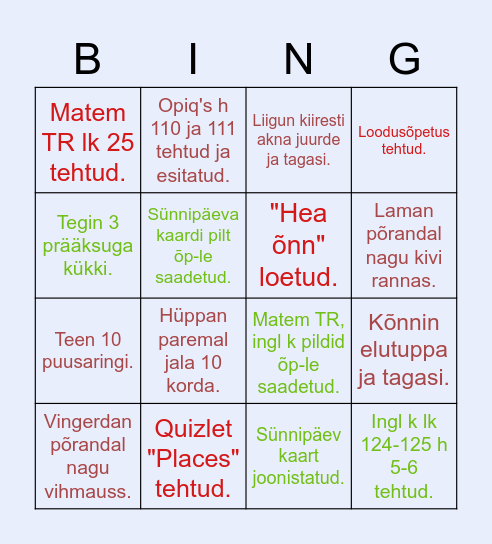 Tänased tegemised Bingo Card
