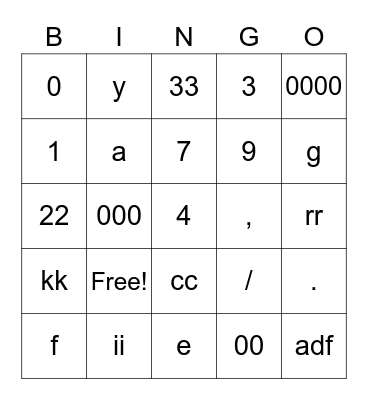 Test Card Bingo Card