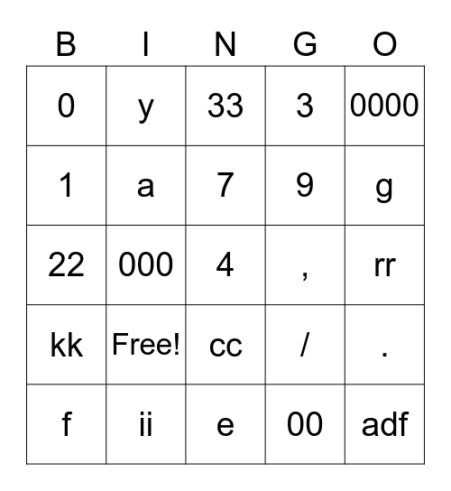 Test Card Bingo Card