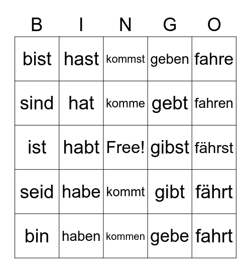 sein, haben, kommen, geben, fahren Bingo Card