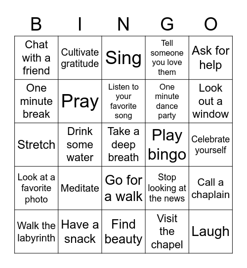 Spiritual Care Bingo Card