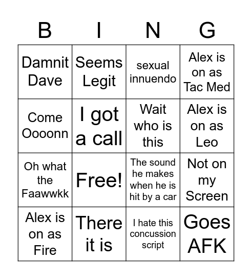 D.C. Alex Bingo Card