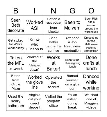 Baker Bingo Card