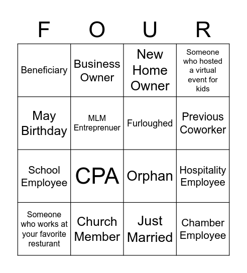 Four for Four Bingo Card