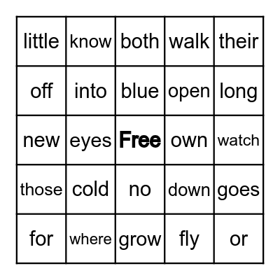 Sight Word Bingo Card
