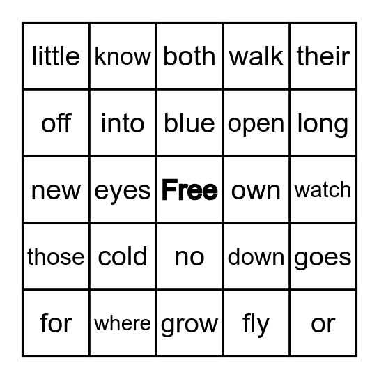 Sight Word Bingo Card