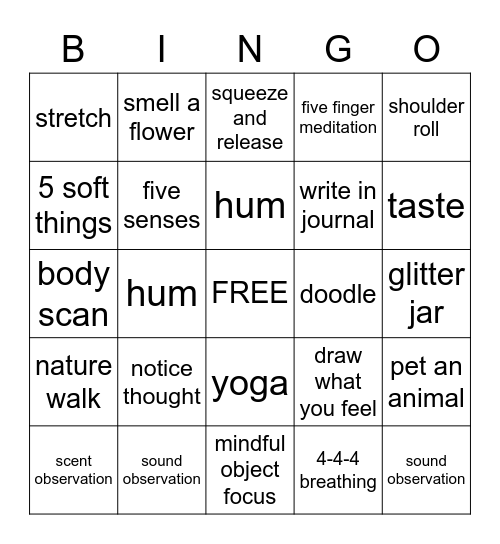 Mindfulness Bingo Card