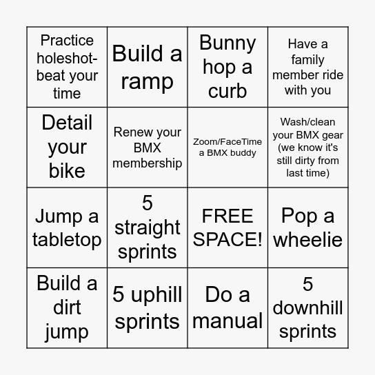 Social Distancing BMX Bingo Card