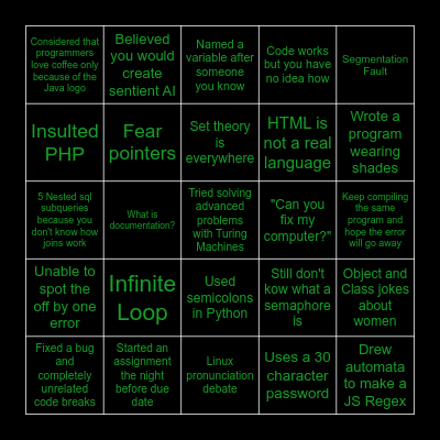 Computer Science Major Bingo Card