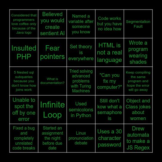 Computer Science Major Bingo Card