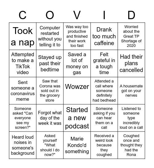 COVID-19 Bingo Card