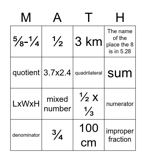 5TH Grade Math Bingo Card