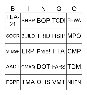 Transportation Planning Acronyms Bingo Card