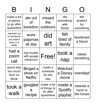 Quarantine BINGO Card