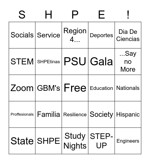 SHPE Bingo Card