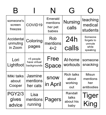Comer PGY1 Move-Up Day 2020 Bingo Card