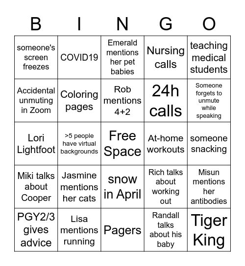 Comer PGY1 Move-Up Day 2020 Bingo Card