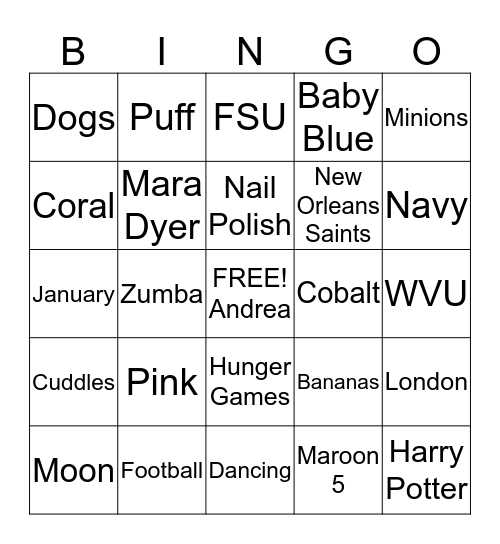 All About Andrea Bingo Card