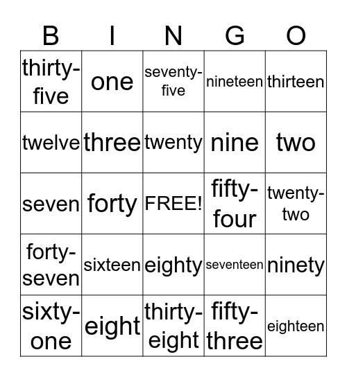 Number Word Bingo Card