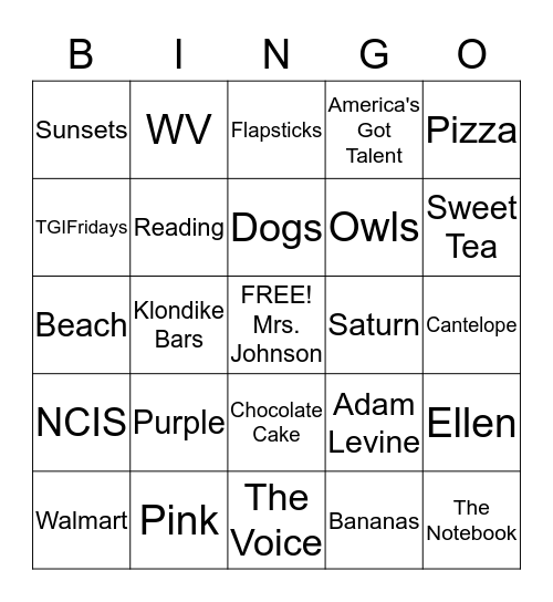 Mrs. Johnson Bingo Card