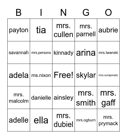 Smith "Girls" BINGO Card