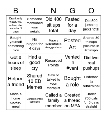 Camp Thin Bingo #3 Bingo Card