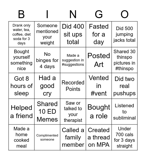 Camp Thin Bingo #3 Bingo Card