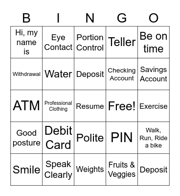 Banking / Mock Interview / Health Bingo Card